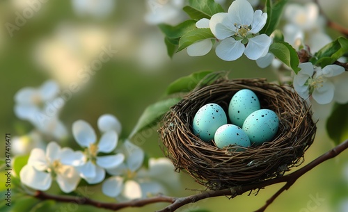 Colorful Eggs in a Nest Among Blooming Apple Tree Flowers During Springtime