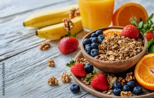 Healthy Breakfast Bowl With Granola, Fresh Fruits, and Juice on Wooden Table