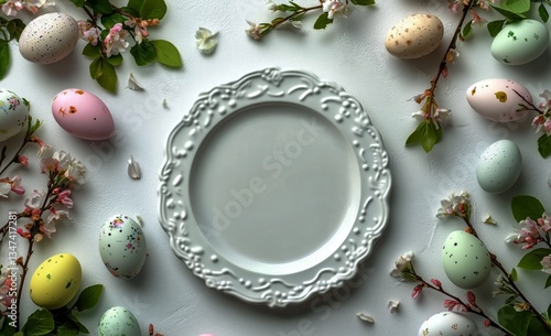 Decorated Plate Surrounded by Colorful Easter Eggs and Spring Flowers on a Wh...