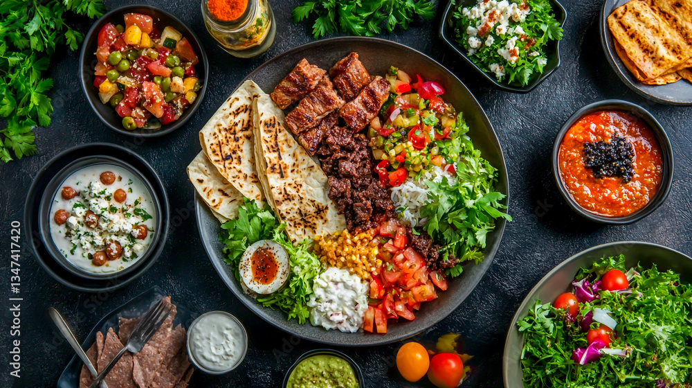 Top view of a healthy food spread, featuring a balanced diet with fresh ingredients, perfect for a restaurant menu Top view of a healthy food spread, featuring a balanced diet with fresh ingredients, perfect for a restaurant menu
