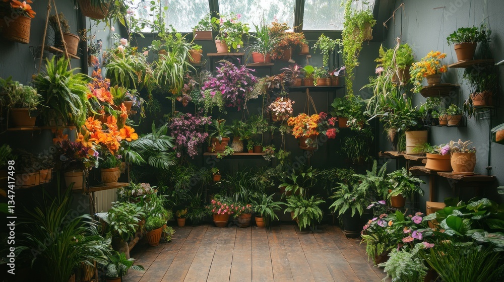 Fototapeta premium Vibrant indoor plant display in a dark room with many potted plants, shelves, and hanging planters.