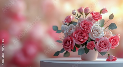 Pink Roses in an Elegant Arrangement on Display at a Joyful Celebration Durin...