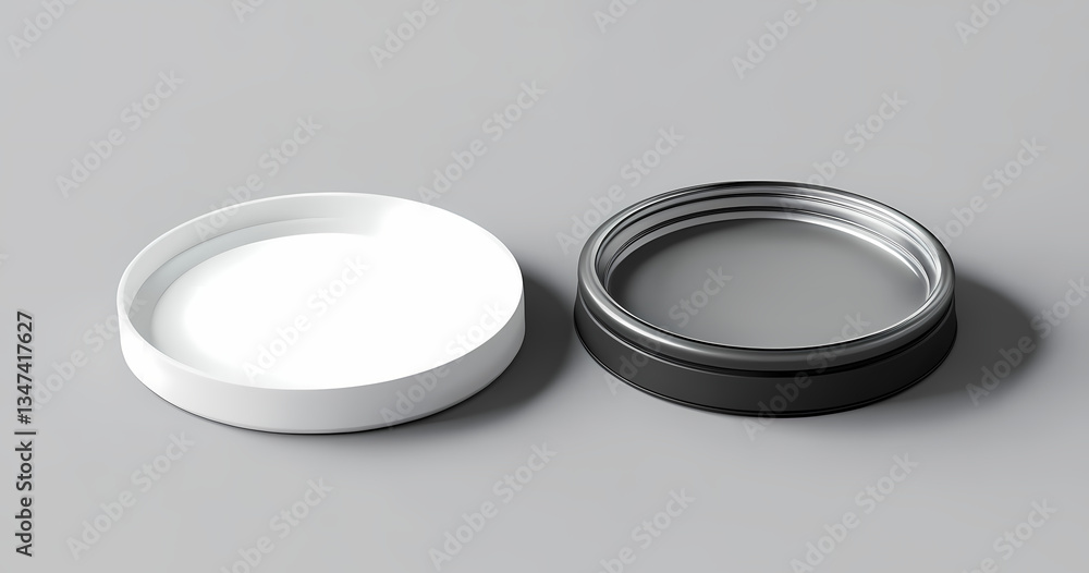 Jar Lid Assembly: Two jar lids, one white and one black, are displayed on a neutral surface. This image embodies simplicity, and industrial design. Jar Lid Assembly: Two jar lids, one white and one black, are displayed on a neutral surface. This image embodies simplicity, and industrial design.