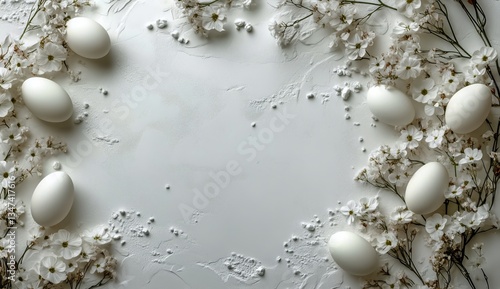 White Eggs Surrounded by Delicate White Flowers on a Light Background for Spr...