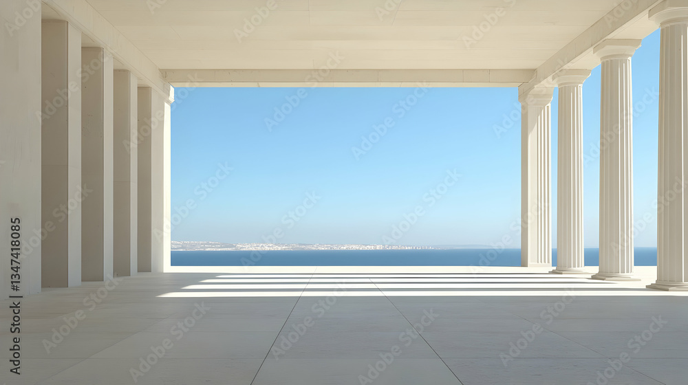 Fototapeta premium Classical Architectural Structure with White Columns Facing Blue Sea and City Skyline in Daylight