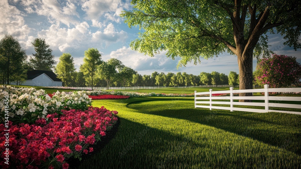 Fototapeta premium Countryside landscape, flowers, white fence, bright sun, rural scene, ideal for a peaceful setting, home, advertisement