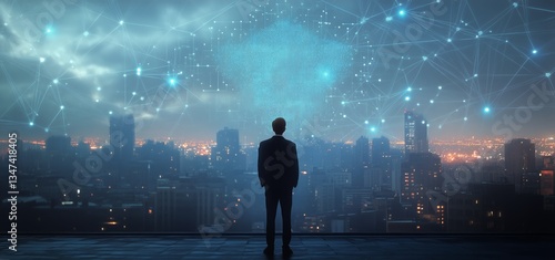 Man Standing on Rooftop Overlooking City With Digital Network Visualization a...