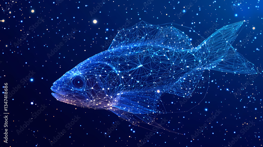 Celestial Fish: A mesmerizing digital artwork features a fish composed of interconnected glowing particles, set against a deep blue, star-studded expanse. Celestial Fish: A mesmerizing digital artwork features a fish composed of interconnected glowing particles, set against a deep blue, star-studded expanse.