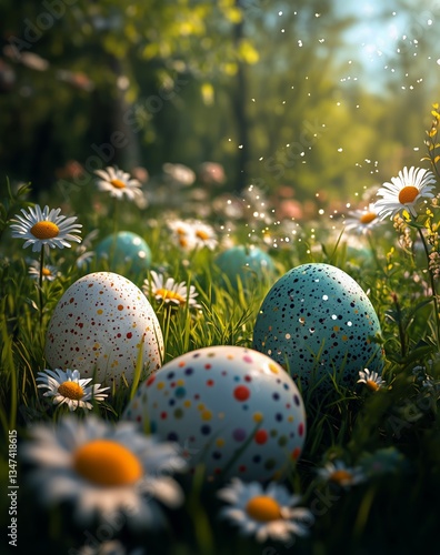 Colorful Easter Eggs Surrounded by Daisies in a Vibrant Spring Meadow