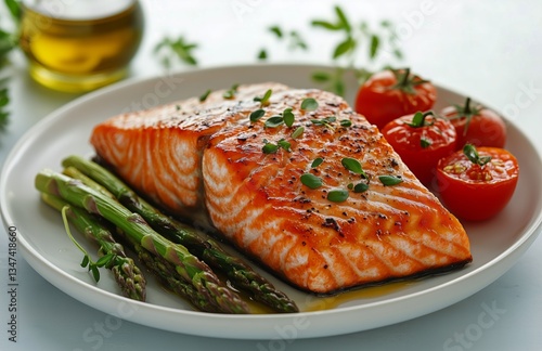 Grilled Salmon Fillet Served With Asparagus and Cherry Tomatoes on a Plate