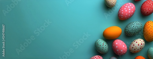 Colorful Speckled Eggs Arranged on a Bright Blue Surface for a Festive Celebr...