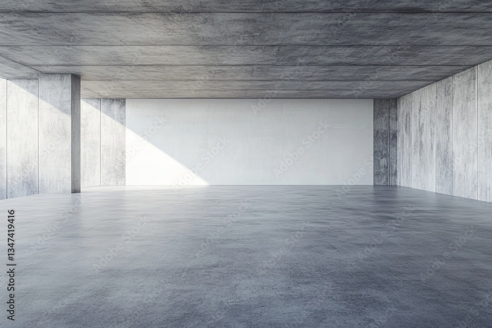 Empty modern concrete space. Sunlight streams through large windows, highlighting the raw, industrial aesthetic Empty modern concrete space. Sunlight streams through large windows, highlighting the raw, industrial aesthetic