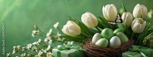 Vibrant Easter Decoration With Green Eggs, Tulips, and Gifts Arranged for a F...
