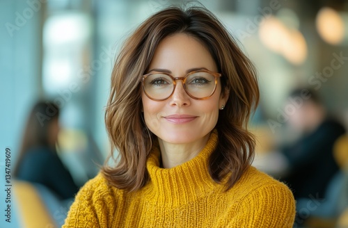 Confident Woman in Yellow Sweater Smiles Warmly While Working in a Modern Off...