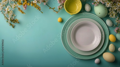 Colorful Easter Decorations With Plates and Eggs on a Vibrant Turquoise Backg...