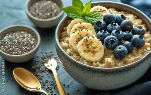 Healthy Breakfast Bowl With Oatmeal, Bananas, Blueberries, and Chia Seeds Ser...