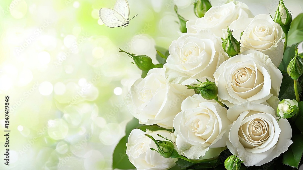 Beautiful arrangement features white roses with a white butterfly Beautiful arrangement features white roses with a white butterfly