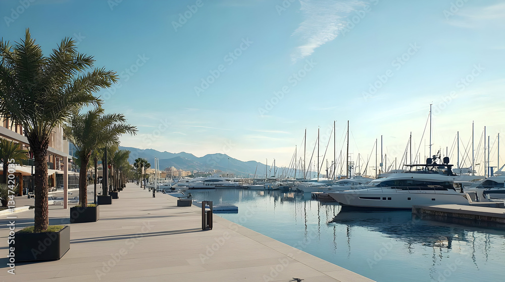 Obraz premium Modern Waterfront Marina With Luxury Yachts And Palm Trees