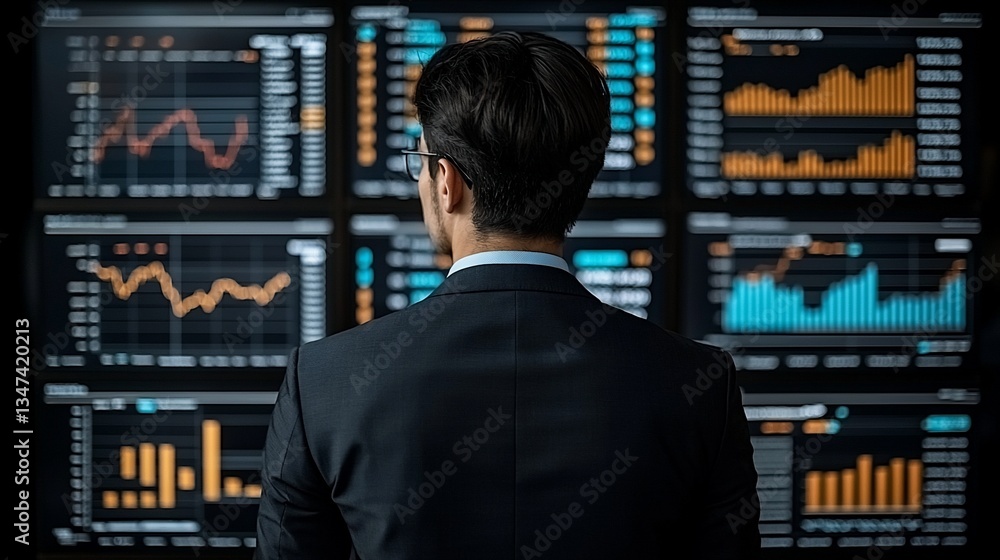 Businessman Analyzing Financial Data on Multiple Monitors Businessman Analyzing Financial Data on Multiple Monitors