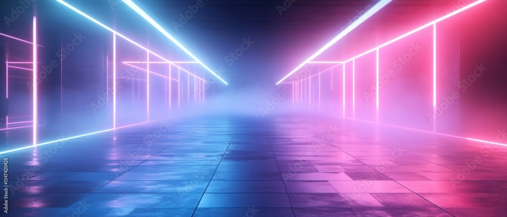 Abstract futuristic corridor with neon lights, glowing pink and blue, creating a modern and immersive atmosphere for science fiction or technology concept Abstract futuristic corridor with neon lights, glowing pink and blue, creating a modern and immersive atmosphere for science fiction or technology concept