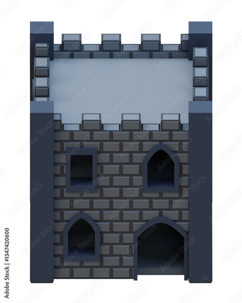 Fototapeta premium Gray brick medieval building isometric front style fortress. 3d rendering. 