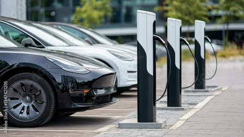 Modern electric cars charging in a charging station parked in a row. v1