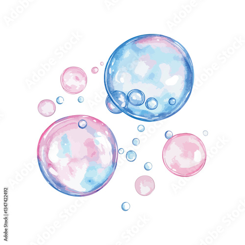 Drawing of a bunch of bubbles with one of them being pink and the other being blue.