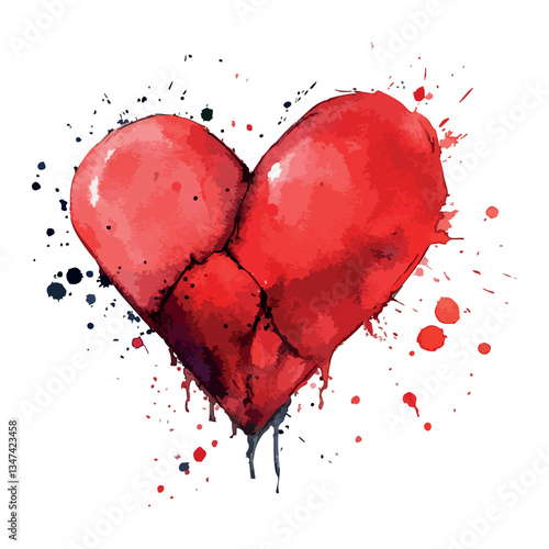Heart with a broken line in the middle. The heart is red and has black and white splatters.