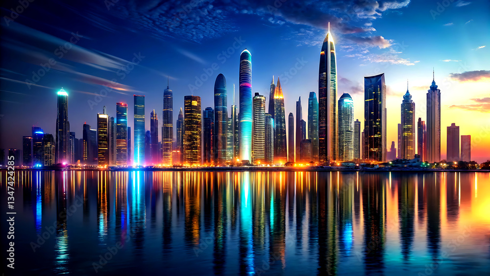 Fototapeta premium Cityscape Skyline at Sunset: a dazzling cityscape skyline reflected on tranquil water at dusk, the iconic silhouettes of modern architecture illuminated by vibrant hues of a sunset.