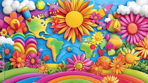Colorful world map adorned with flowers, sun, and playful elements