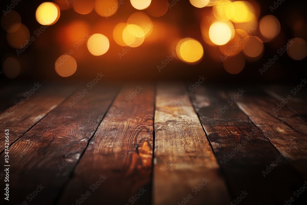 Rustic Wood Table with Warm Bokeh Lights Background for Festive Display Rustic Wood Table with Warm Bokeh Lights Background for Festive Display