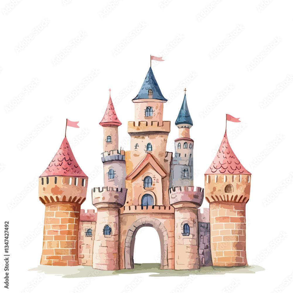 Castle with a blue and red roof. The castle has a large archway. There are flags on the roof. Castle with a blue and red roof. The castle has a large archway. There are flags on the roof.