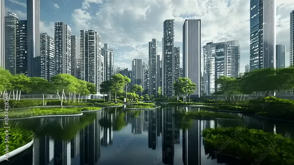 Futuristic Cityscape with Lush Greenery and Reflective Water Bodies Futuristic Cityscape with Lush Greenery and Reflective Water Bodies