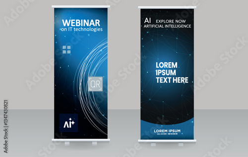 Banner for IT webinars and conferences on artificial intelligence. Roll Up with technological design. Editable image.