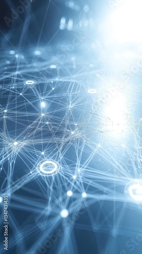 Connected points networking, data flowing in blue background. Possible tech, science, business use