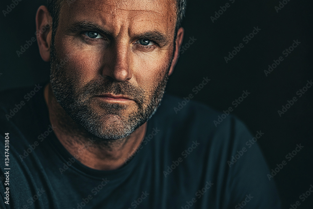 Close up portrait of a man with a beard and graying hair against a dark background looking at the camera Close up portrait of a man with a beard and graying hair against a dark background looking at the camera