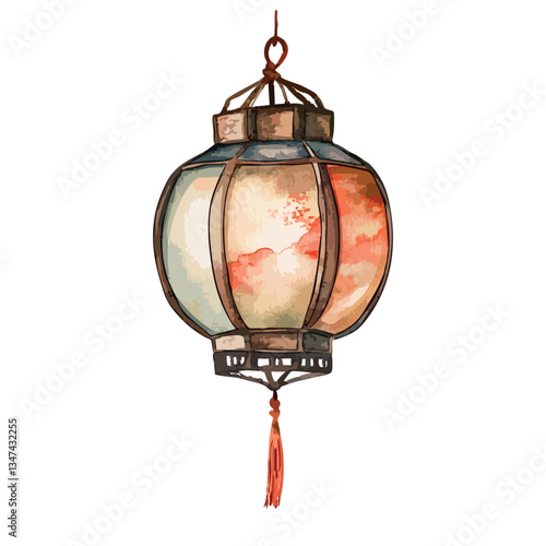 Beautiful watercolor painting of a lantern with a red tassel hanging from it.