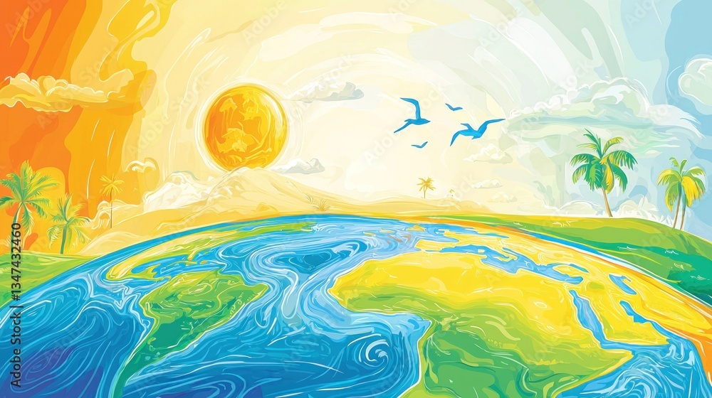 Naklejka premium Colorful Earth Globe, Sunrise Over Continents