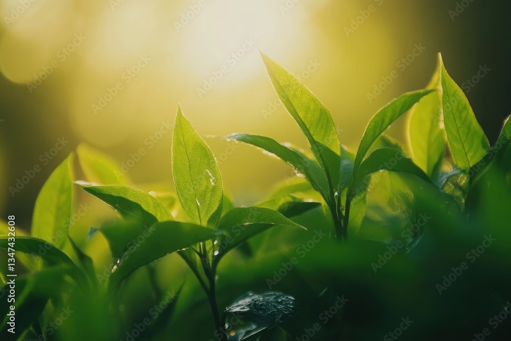 Obraz premium Fresh Green Tea Leaves Growing in the Morning Sunlight on Plantation