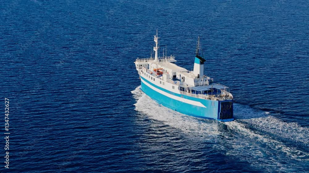 Ferry on open water cruising between Greek islands. Drone camera follows ship Ferry on open water cruising between Greek islands. Drone camera follows ship