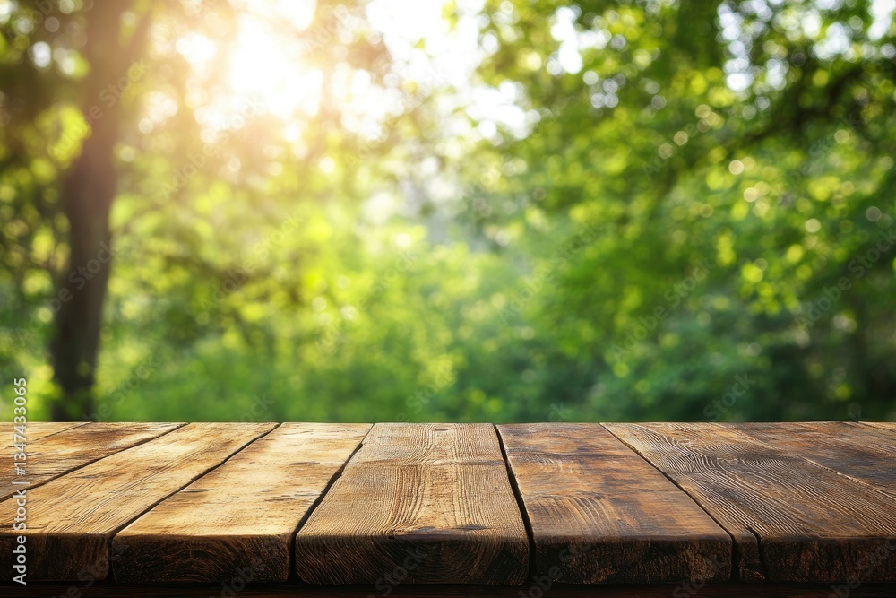 Rustic Wooden Table Top with Green Forest Background and Sunlight Rustic Wooden Table Top with Green Forest Background and Sunlight