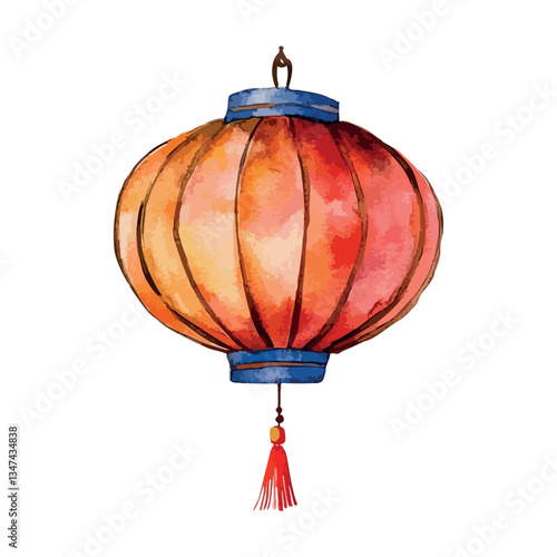 Red and blue lantern with a red tassel hanging from it. The lantern is painted in watercolor.