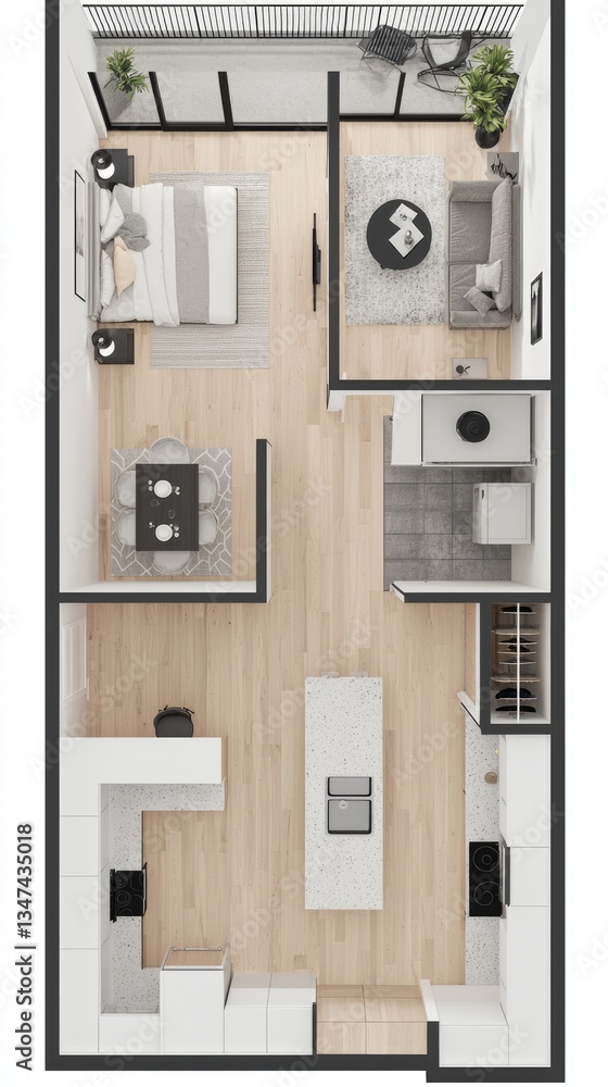 Apartment plan design. Top view of furnished condo with balcony. Residence design and real estate Apartment plan design. Top view of furnished condo with balcony. Residence design and real estate