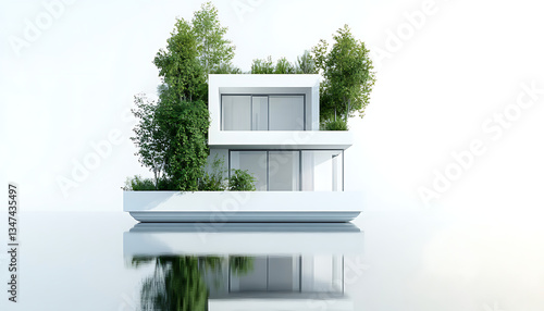 Modern White Two Story Eco Friendly House with Rooftop Garden and Water Reflection