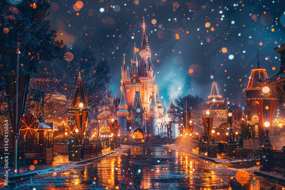Obraz premium Magical Castle with Christmas Lights and Snowy Ambiance at Night