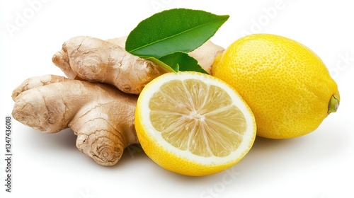 Fresh ginger root and lemon halves with green leaves, showcasing vibrant natural ingredients ideal for cooking or health remedies.
