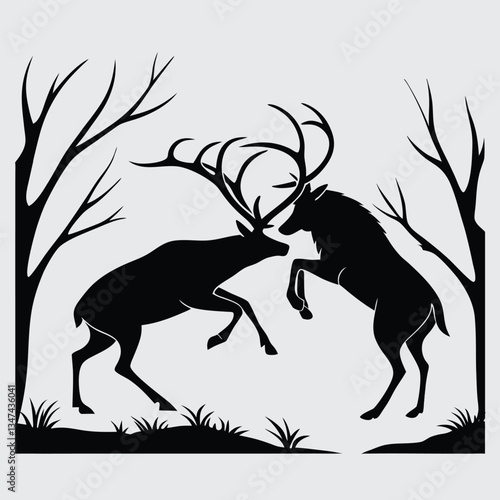 Two stags clashing antlers in a forest image silhouette design vector art and illustration