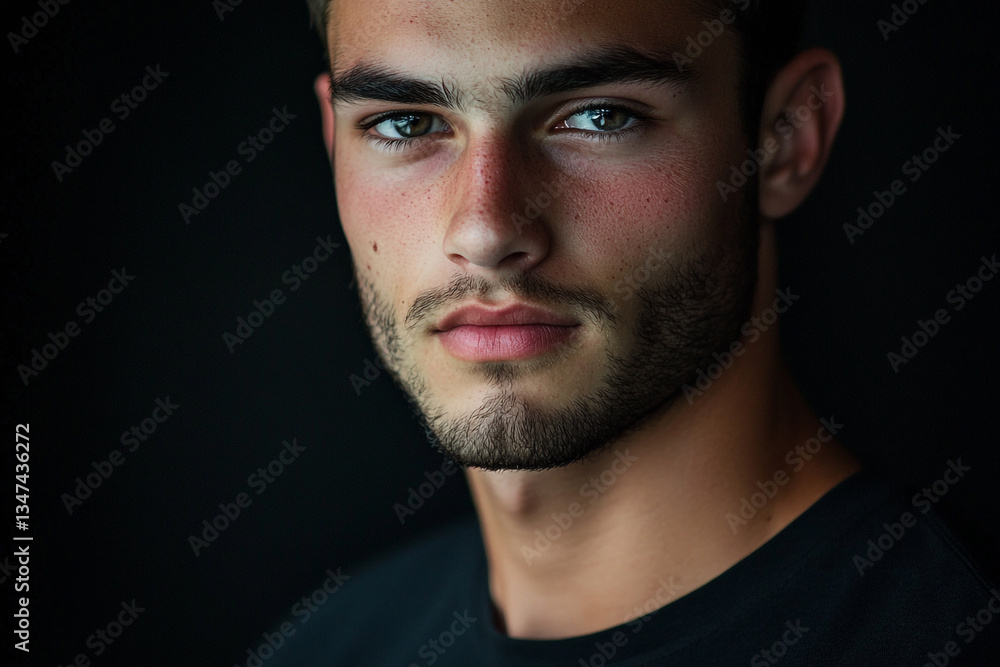 Close up portrait of a young man with a beard and freckles against a dark background looking at the camera Close up portrait of a young man with a beard and freckles against a dark background looking at the camera