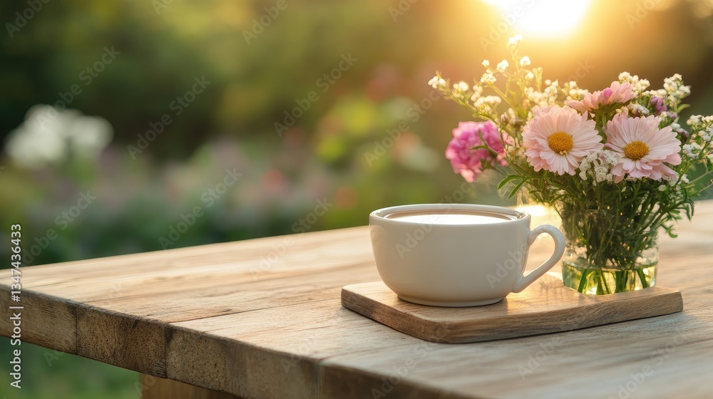 Morning Coffee on Rustic Wooden Table with Floral Bouquet and Sunrise Atmosphere Morning Coffee on Rustic Wooden Table with Floral Bouquet and Sunrise Atmosphere