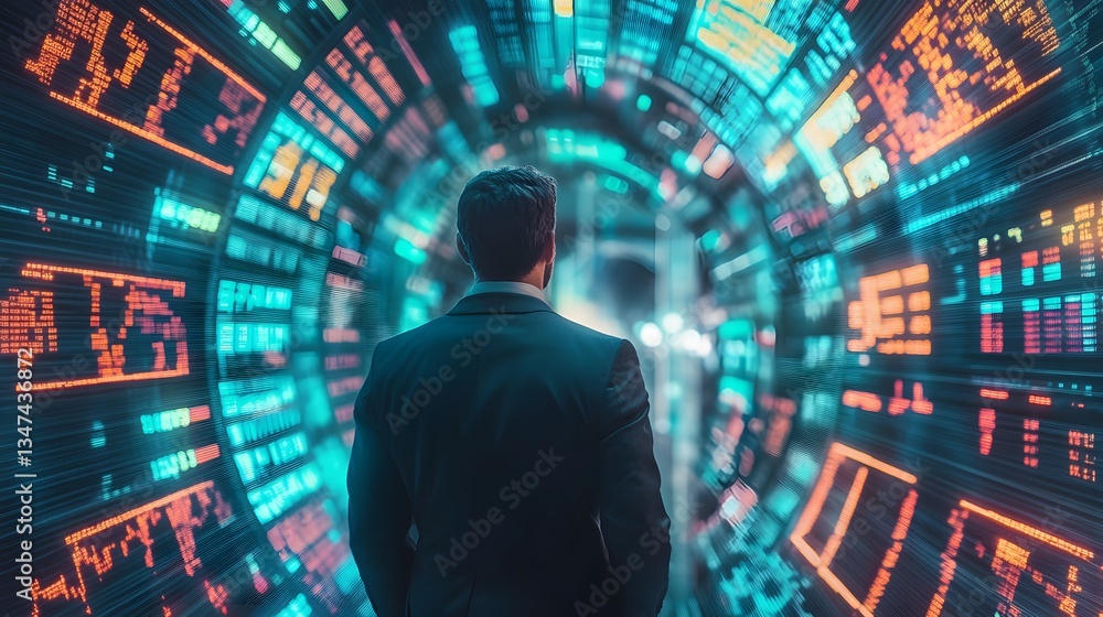 a man in a suit walking into a futuristic tunnel with illuminated screens. The screens display data and information, suggesting technological advancement and innovation a man in a suit walking into a futuristic tunnel with illuminated screens. The screens display data and information, suggesting technological advancement and innovation